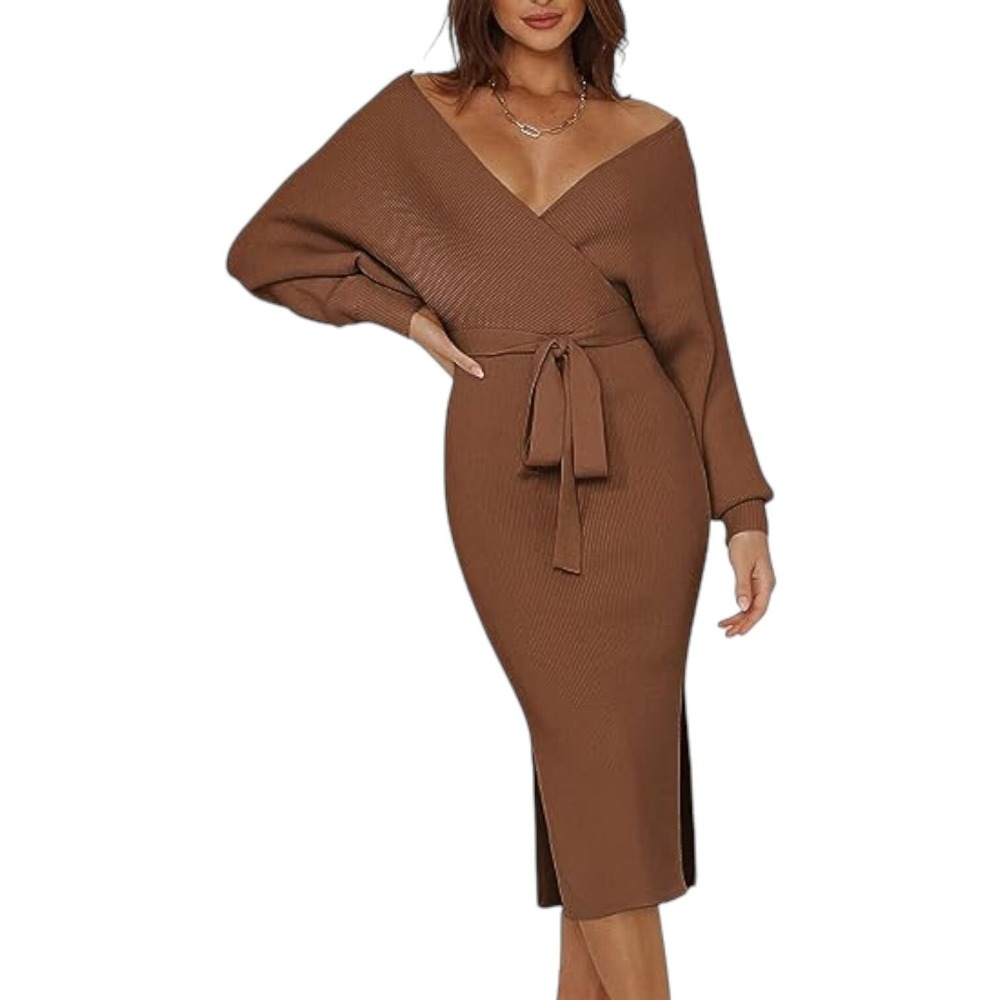 NEW Pink Queen Women's V Neck Maxi Knit Dress with Belt Color Brown Size M